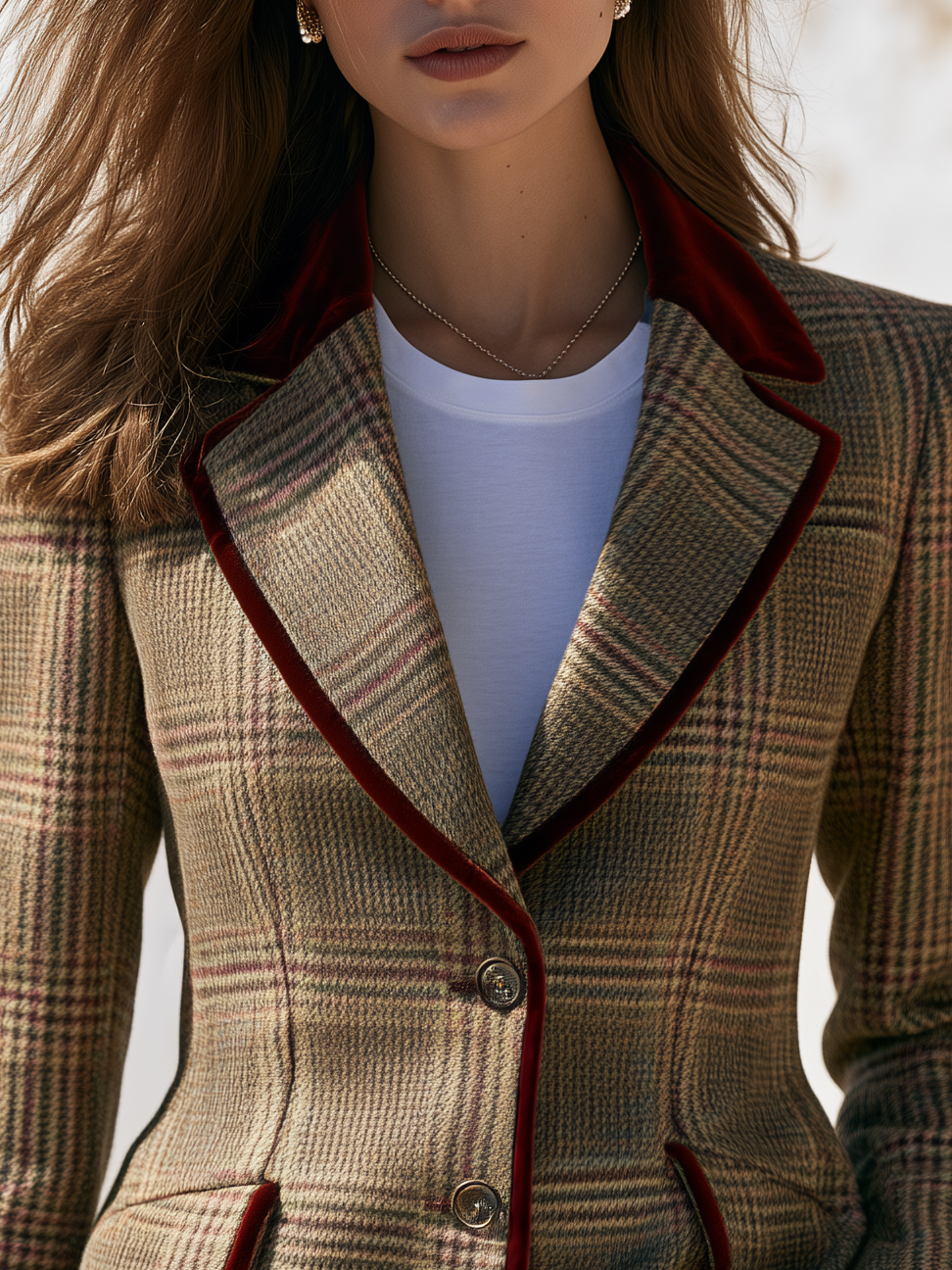 Retro Velvet Color-blocked Plaid Tweed Blazer