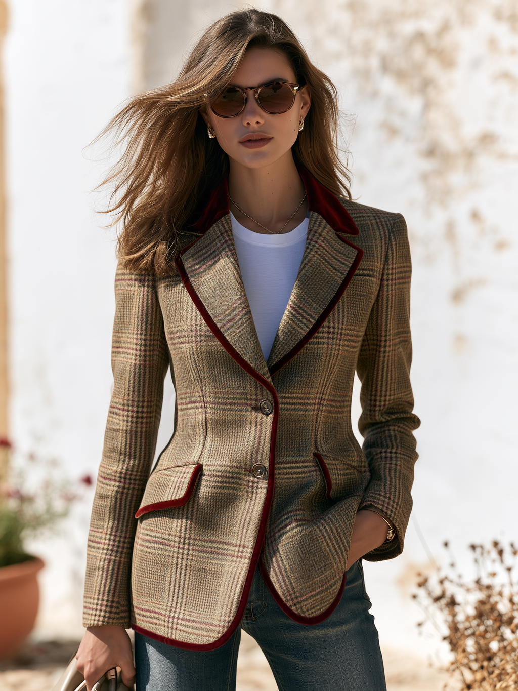 Retro Velvet Color-blocked Plaid Tweed Blazer