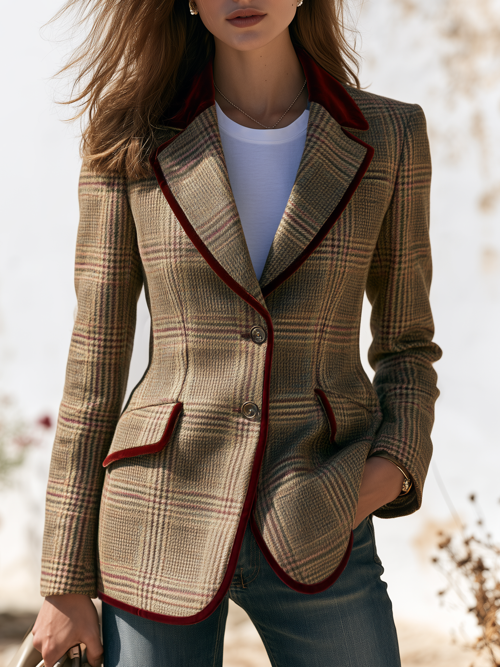 Retro Velvet Color-blocked Plaid Tweed Blazer