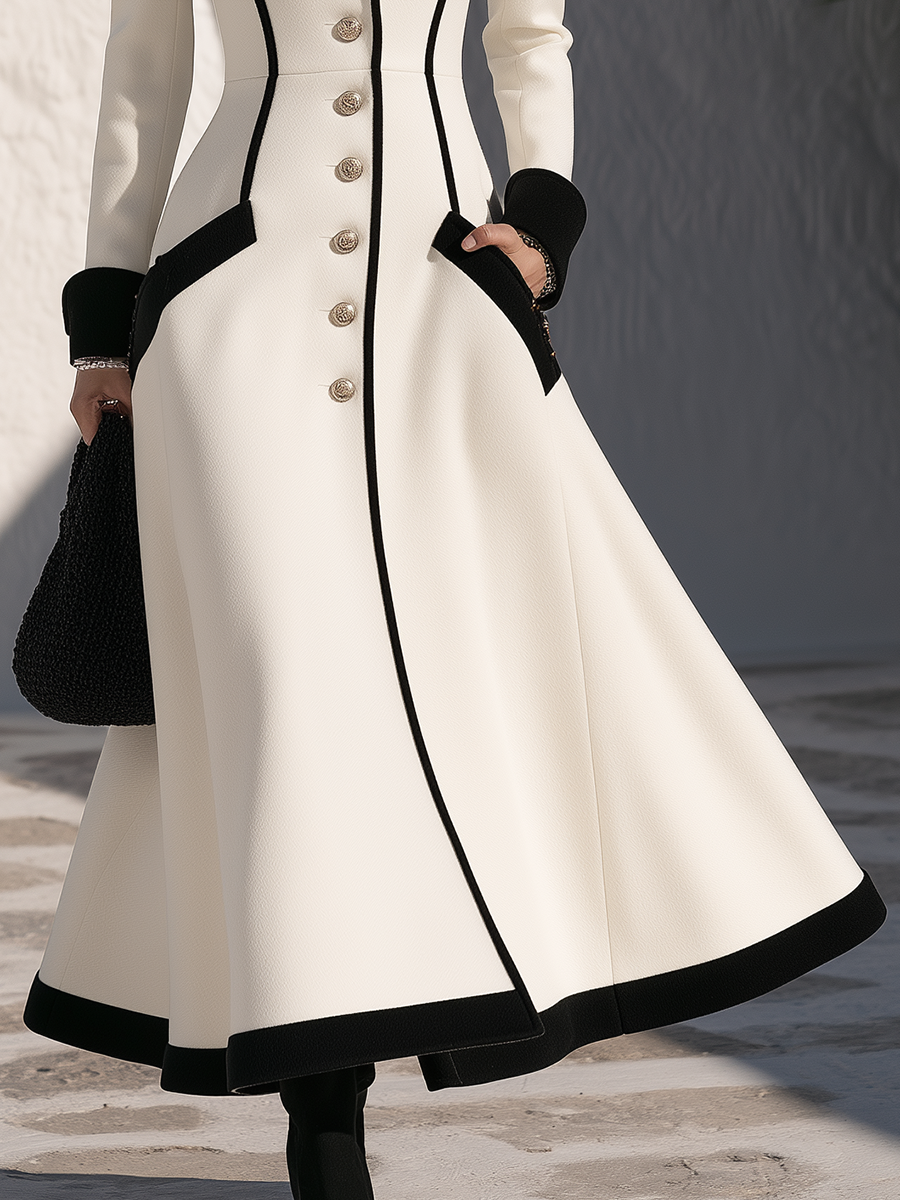 Ivory & Black Contrast-Trim Gold-Button Structured Fabric Fit-and-Flare Coat