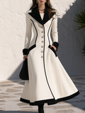 Ivory & Black Contrast-Trim Gold-Button Structured Fabric Fit-and-Flare Coat