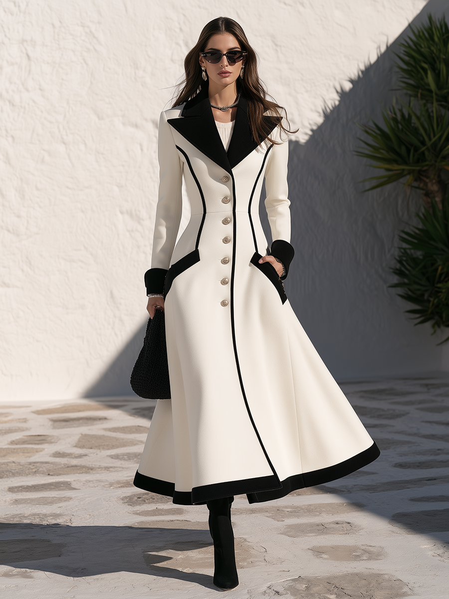 Ivory & Black Contrast-Trim Gold-Button Structured Fabric Fit-and-Flare Coat