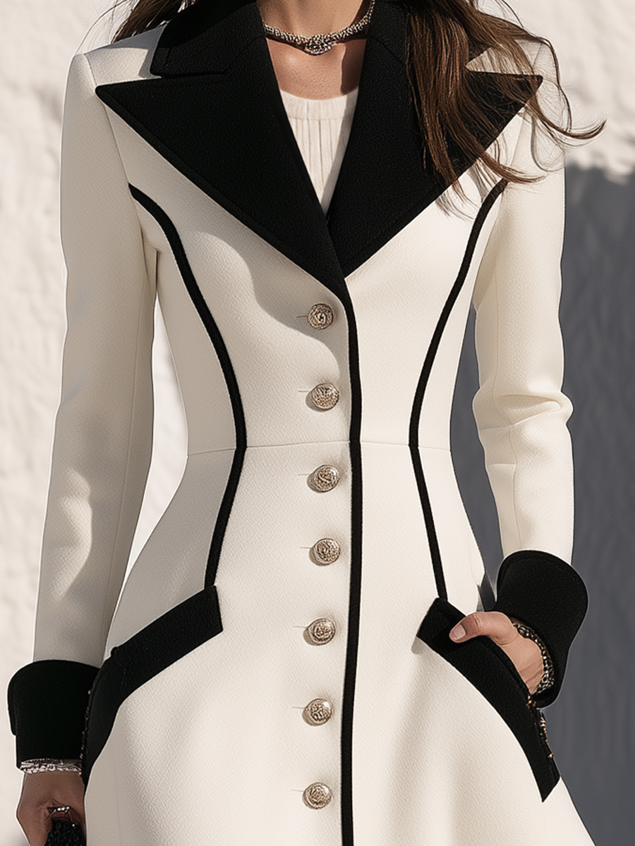Ivory & Black Contrast-Trim Gold-Button Structured Fabric Fit-and-Flare Coat