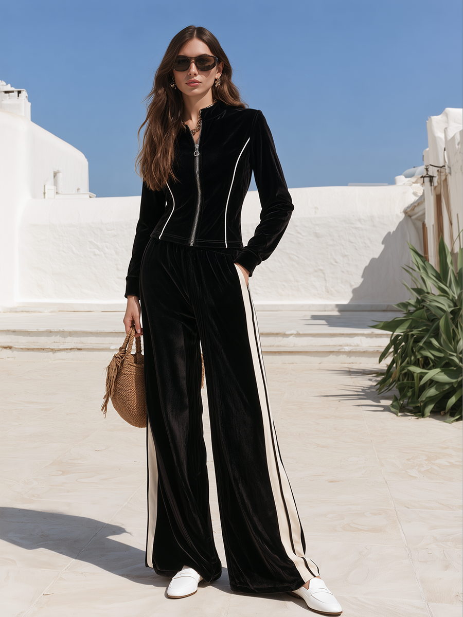 Black Velvet-Look Contrast-Piped Cropped Zip Jacket & Statement Side-Stripe Wide-Leg Two-Piece Set
