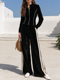 Black Velvet-Look Contrast-Piped Cropped Zip Jacket & Statement Side-Stripe Wide-Leg Two-Piece Set