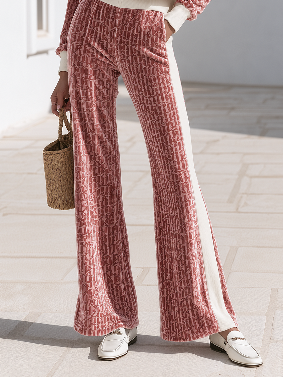 Old Money Style Dusty Rose Printed Velvet Contrast-Collar Half-Zip Pullover & High-Waisted Flared Pants Set
