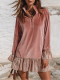 Resort Half-zip Stand Collar Striped Ruffle Velvet Mini Dress