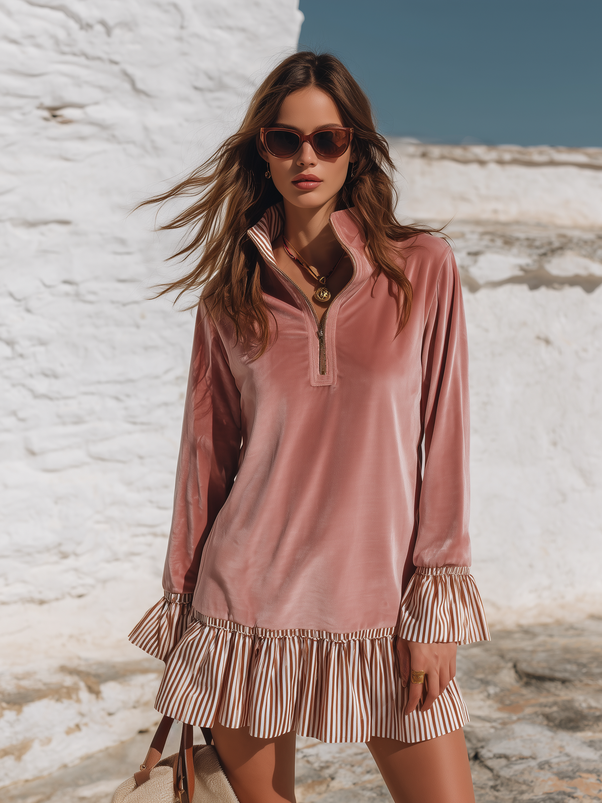 Resort Half-zip Stand Collar Striped Ruffle Velvet Mini Dress