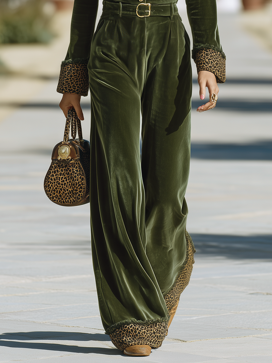 Vacation-style V-neck Long-sleeve Leopard-print Panel Jumpsuit