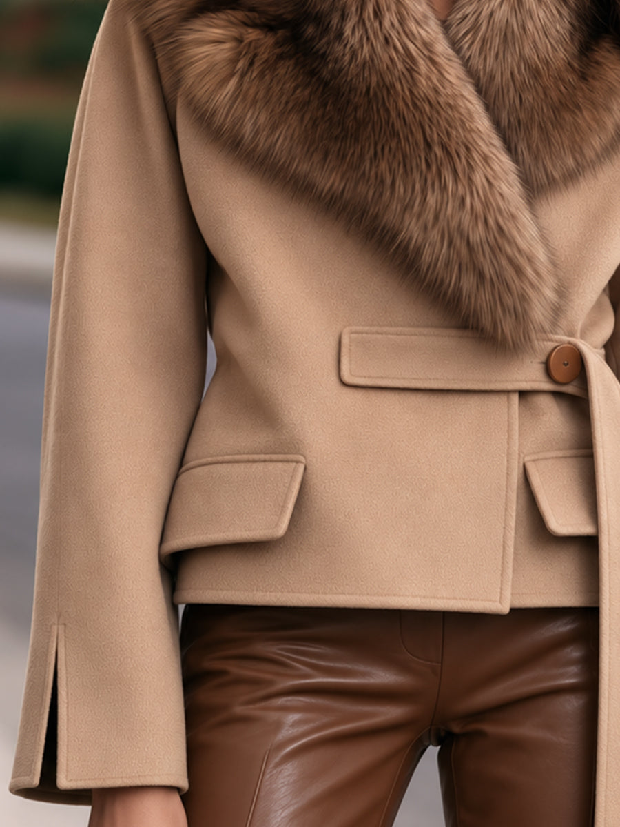 Faux-Fur Collar Belted Jacket