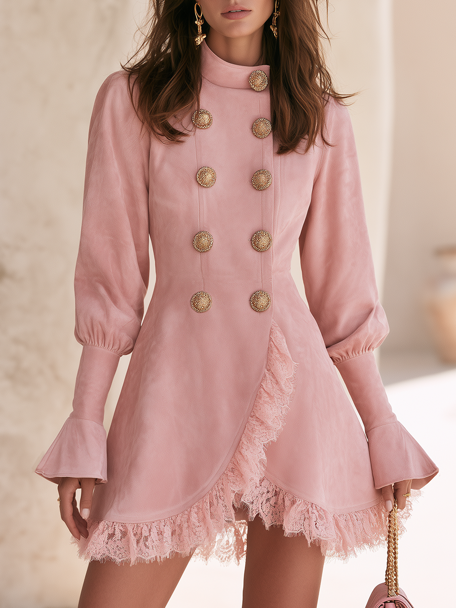 Elegant Mock-Neck Double-Breasted Lace Trim Faux Suede Mini Dress