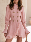 Elegant Mock-Neck Double-Breasted Lace Trim Faux Suede Mini Dress