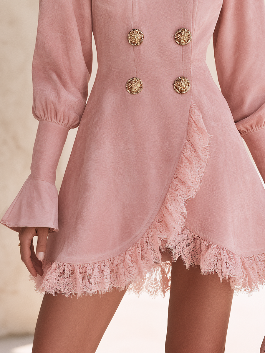 Elegant Mock-Neck Double-Breasted Lace Trim Faux Suede Mini Dress