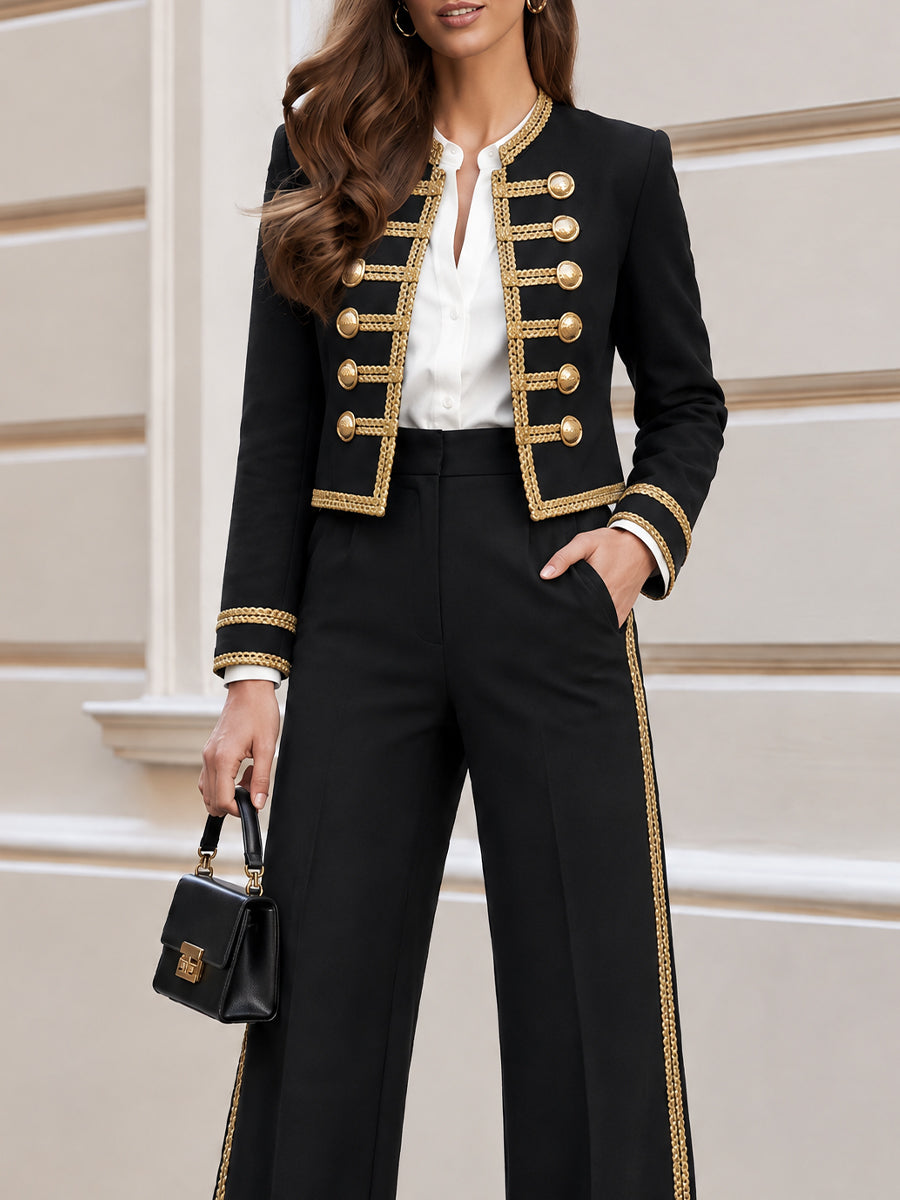 Cropped Military Blazer & High Waist Wide Leg Pants Suit