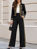 Cropped Military Blazer & High Waist Wide Leg Pants Suit