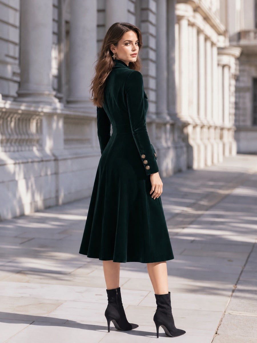 Vintage Velvet Lapel Collar Single Breasted Fitted Midi Coat