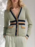 Vacation Contrast Stripe Trim Sage Green V-Neck Knit Cardigan