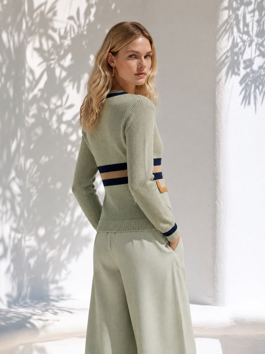 Vacation Contrast Stripe Trim Sage Green V-Neck Knit Cardigan