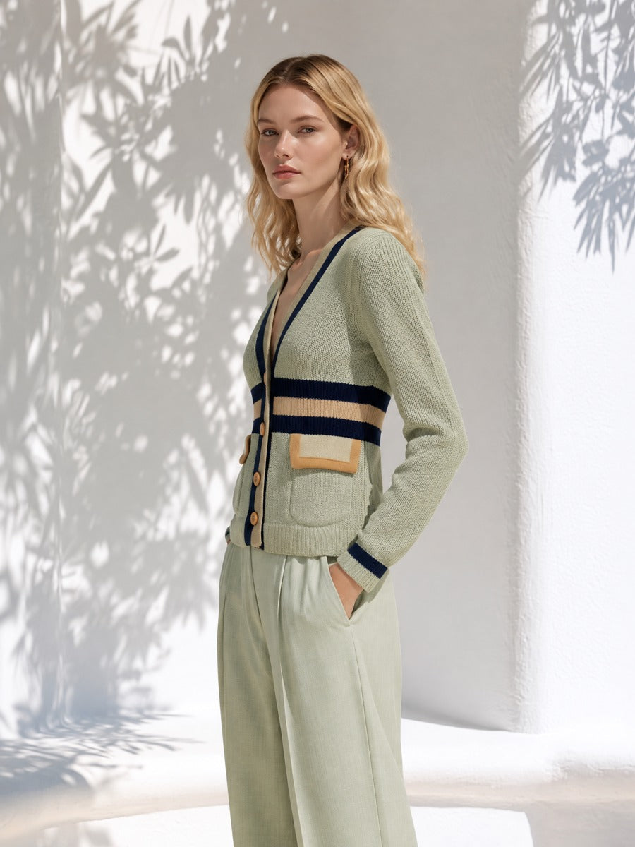 Vacation Contrast Stripe Trim Sage Green V-Neck Knit Cardigan