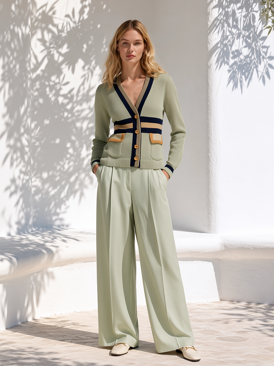 Vacation Contrast Stripe Trim Sage Green V-Neck Knit Cardigan