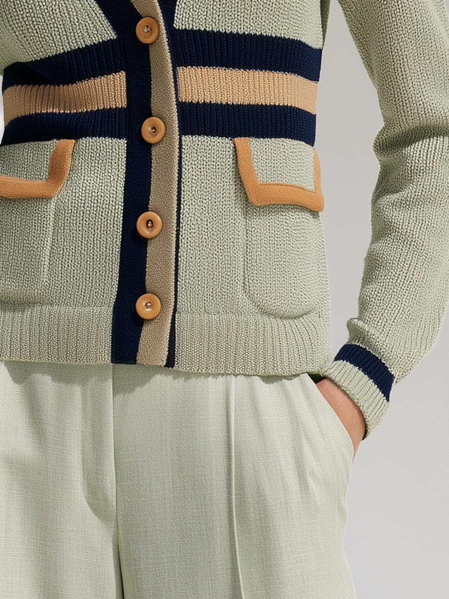 Vacation Contrast Stripe Trim Sage Green V-Neck Knit Cardigan
