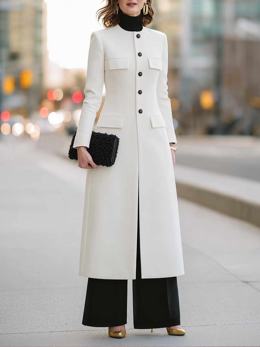Collarless Button-Front Longline Coat