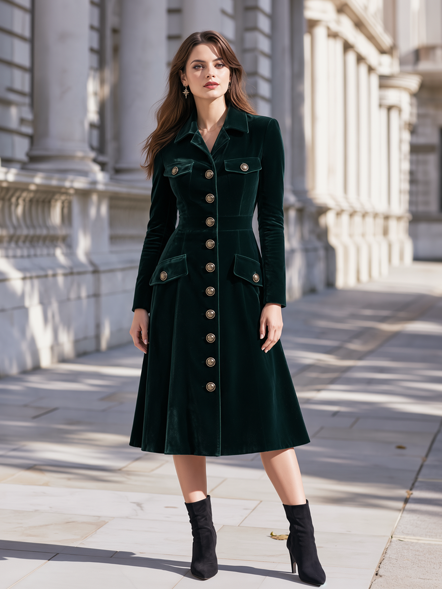 Vintage Velvet Lapel Collar Single Breasted Fitted Midi Coat