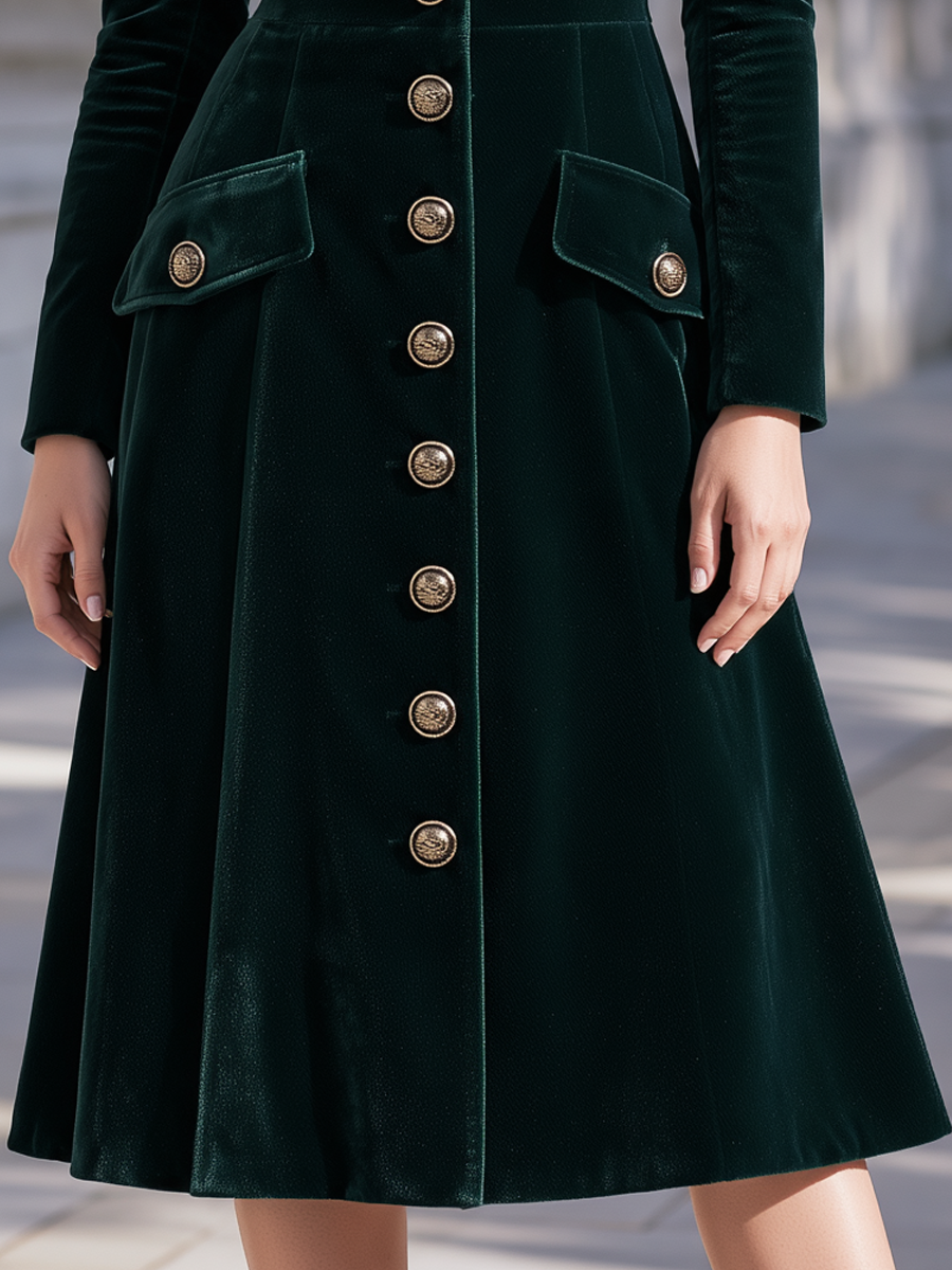 Vintage Velvet Lapel Collar Single Breasted Fitted Midi Coat