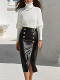 Resort-style Turtleneck Solid Color Sweater And Skirt Set