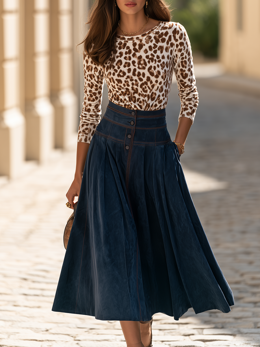 Vacation-style Leopard Print Long-sleeve Crew-neck Top And A-line Skirt Set