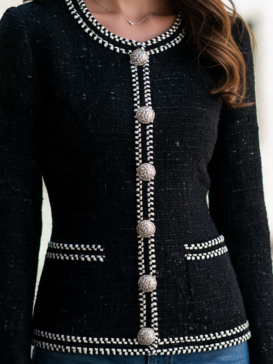 Vintage Round Neck Contrast Piping Tweed Jacket
