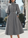Houndstooth High Neck Layered Sleeve Belted Wool Midi Coat