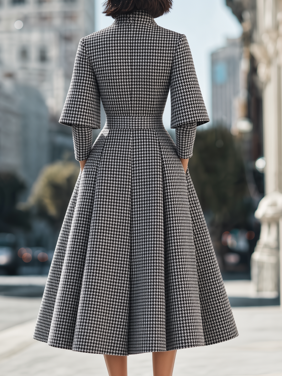Houndstooth High Neck Layered Sleeve Belted Wool Midi Coat