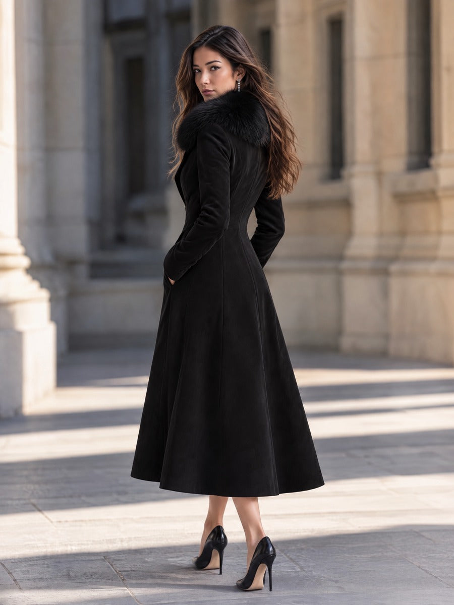 Elegant Furry Lapel Diagonal Zip Suede Slim Midi Coat