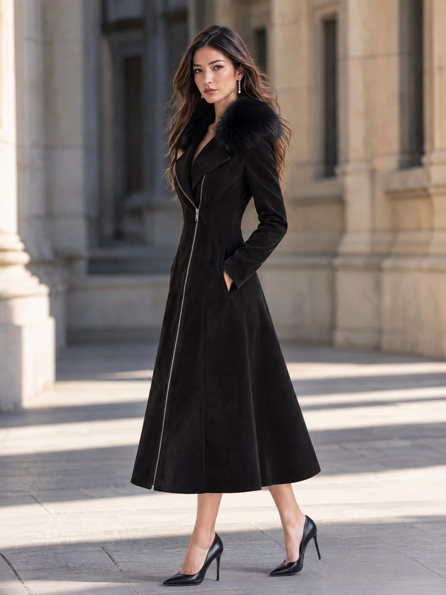Elegant Furry Lapel Diagonal Zip Suede Slim Midi Coat