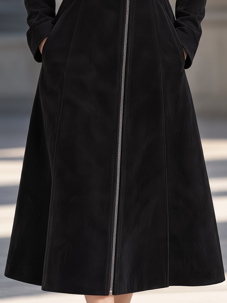 Elegant Furry Lapel Diagonal Zip Suede Slim Midi Coat