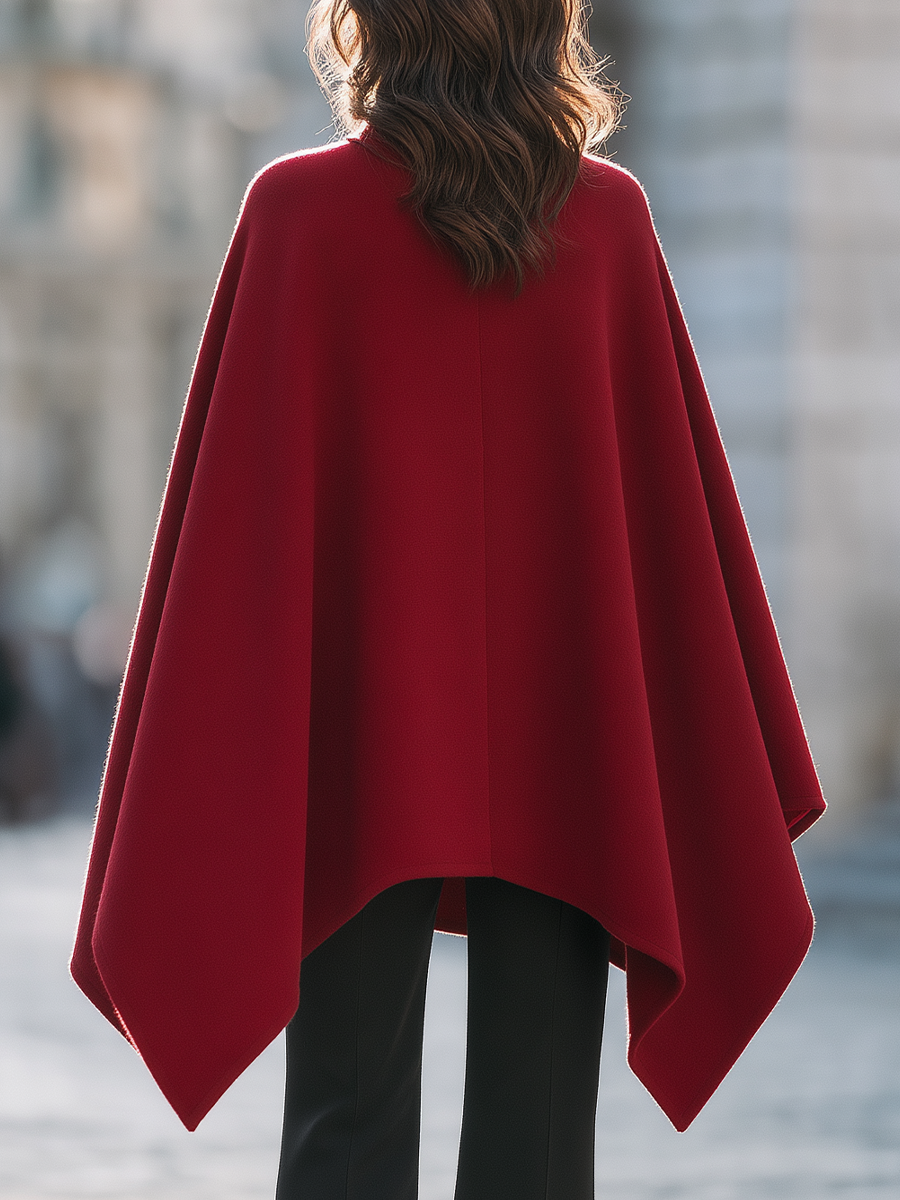 Burgundy Stand Collar Button Front Wool Cape Coat