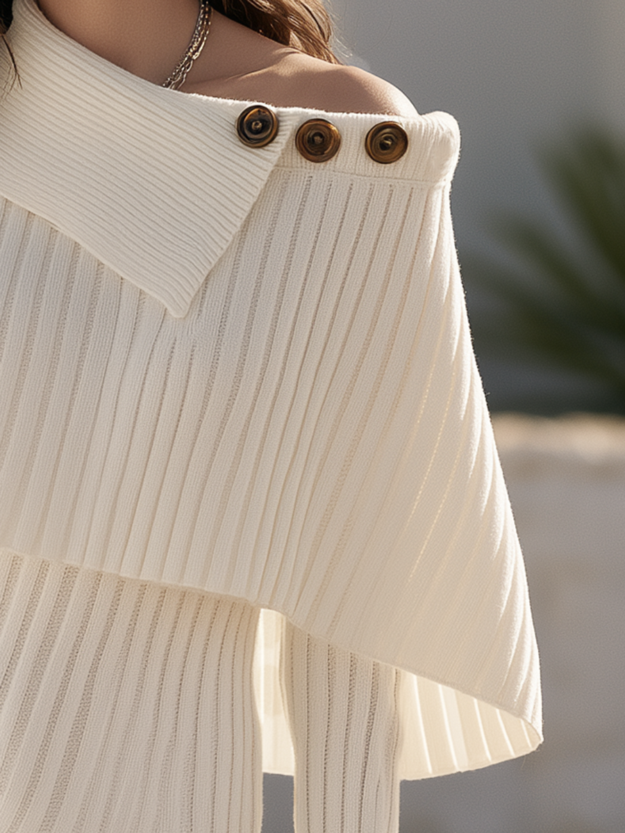 Asymmetric Off-Shoulder Cape Layered Rib Knit Sweater