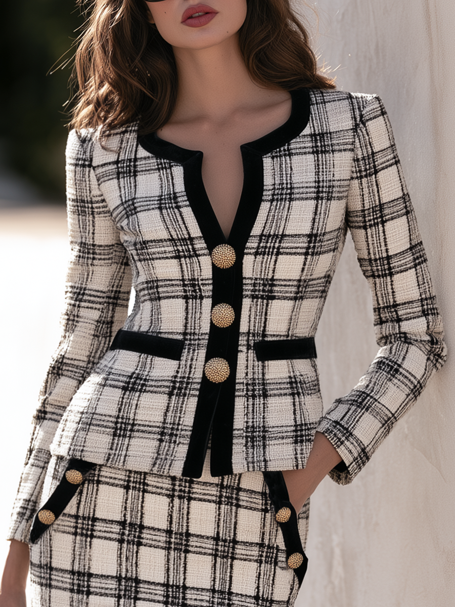 Vintage Black And White Check Tweed Jacket And Skirt Set