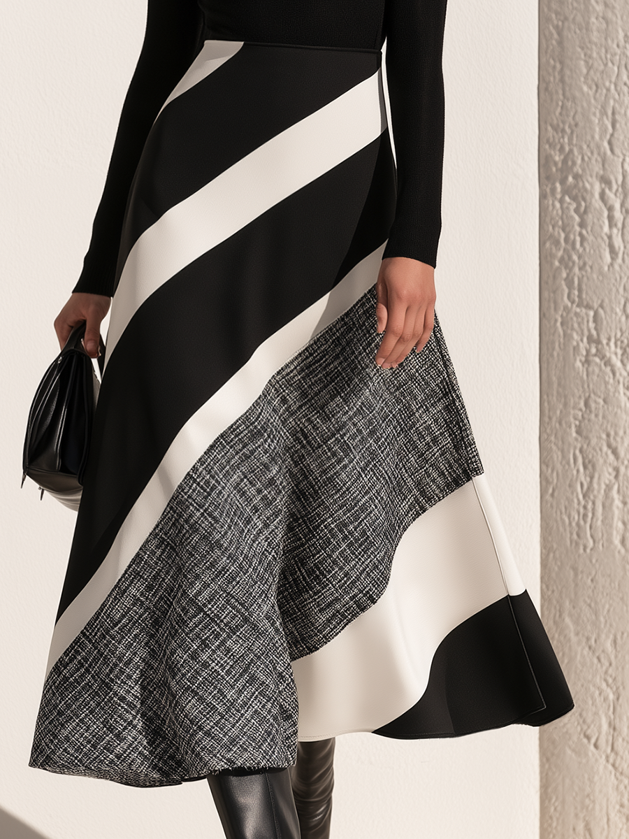 Chic Round Neck Black And White Patchwork Maxi Dress