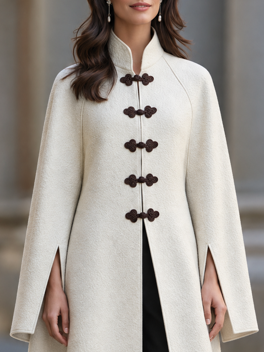 Retro Oriental Stand Collar Slit Cuff Wool Blend Coat