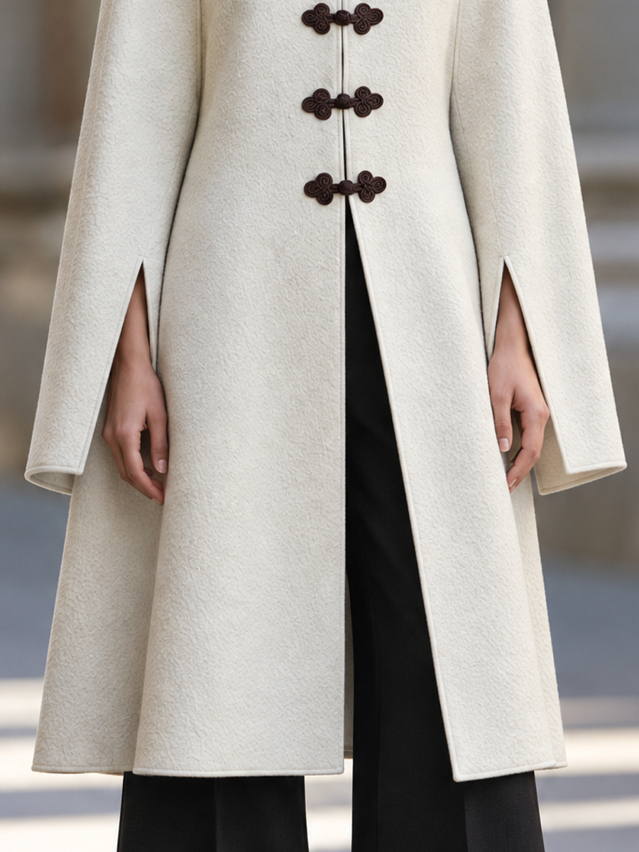 Retro Oriental Stand Collar Slit Cuff Wool Blend Coat