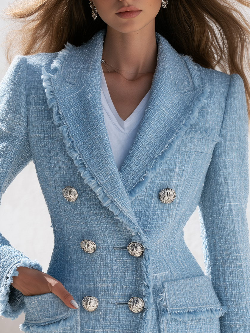 Elegant Frayed Edges Double-breasted Tweed Blazer