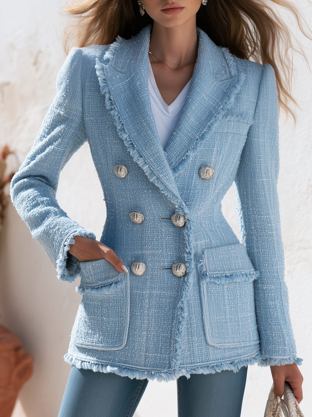 Elegant Frayed Edges Double-breasted Tweed Blazer
