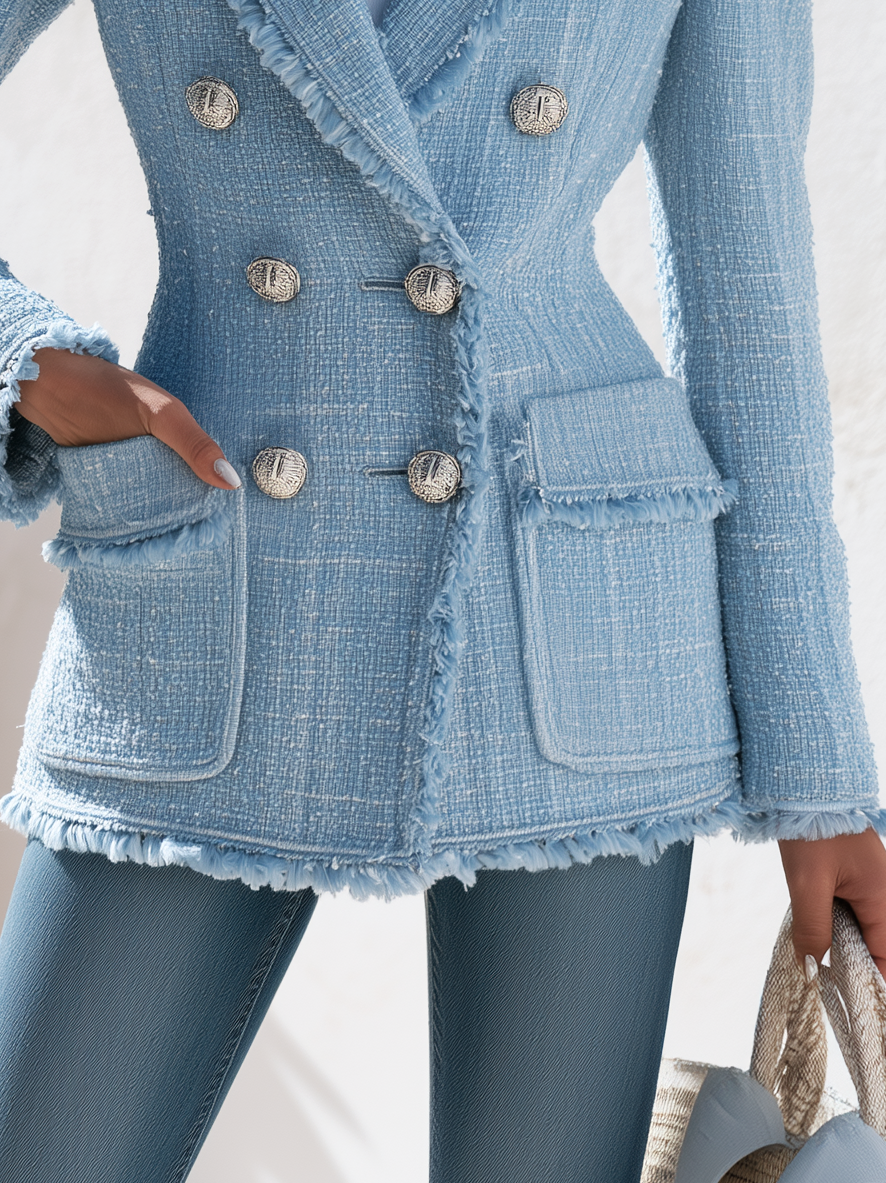 Elegant Frayed Edges Double-breasted Tweed Blazer