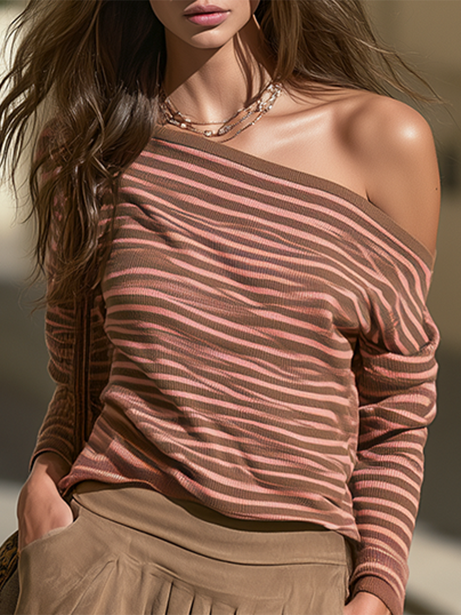 Resort-style Striped Long-sleeve One-shoulder Top And Skirt Set