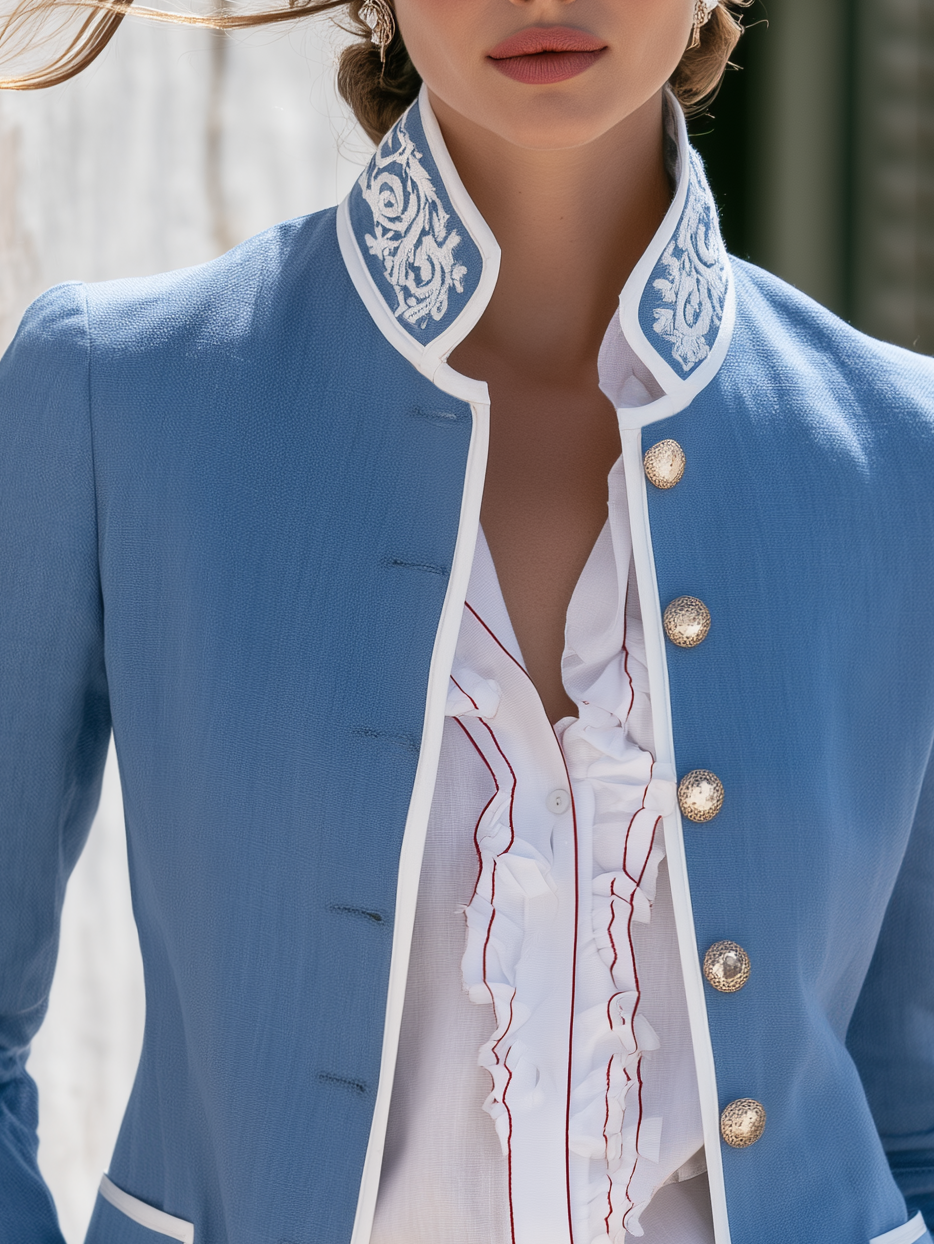 Vacation Retro Color Block Trim Embroidered Stand Collar Jacket