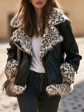 Resort-style Leopard Print Collared Long-sleeve Leather Jacket