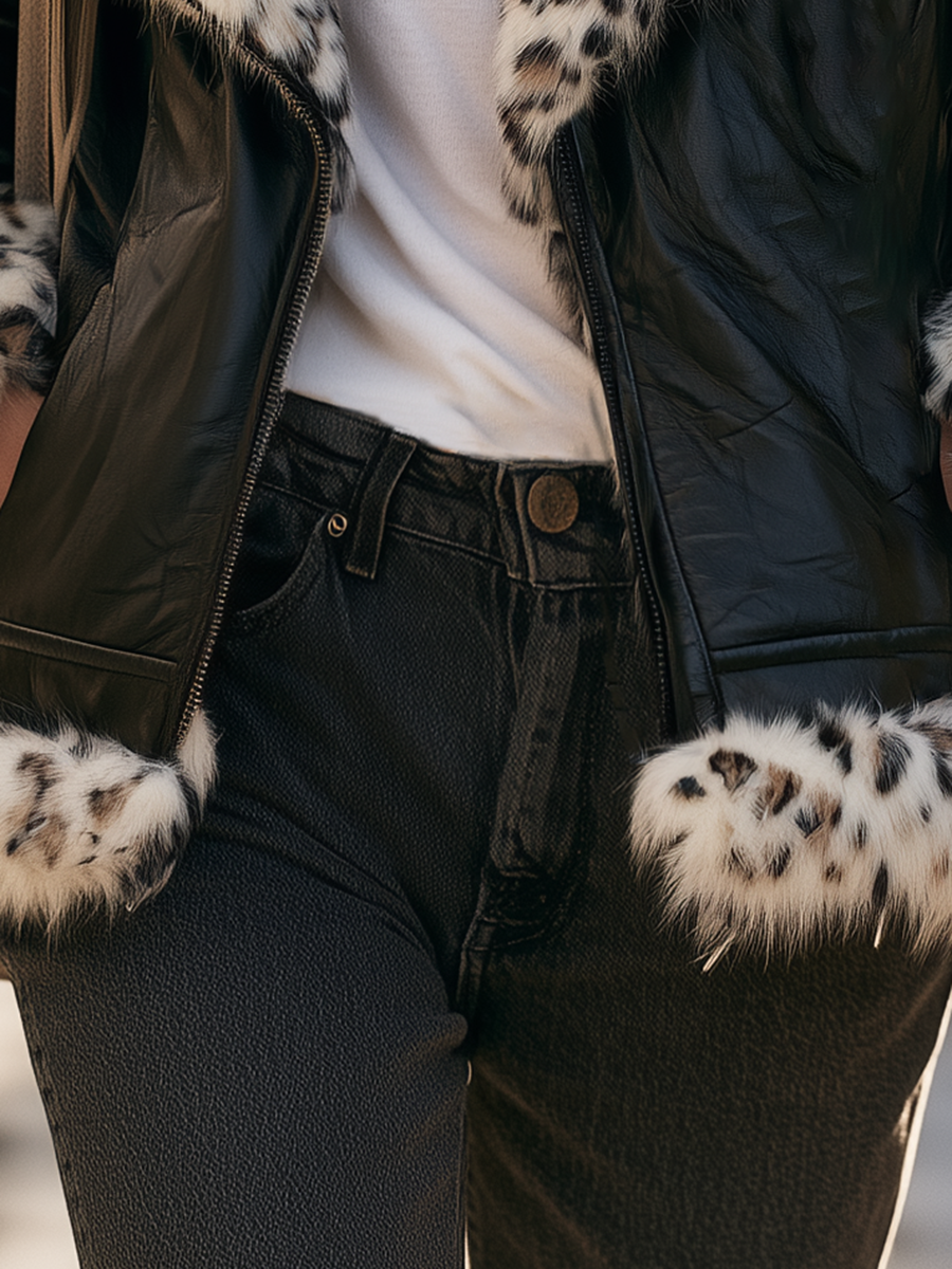 Resort-style Leopard Print Collared Long-sleeve Leather Jacket