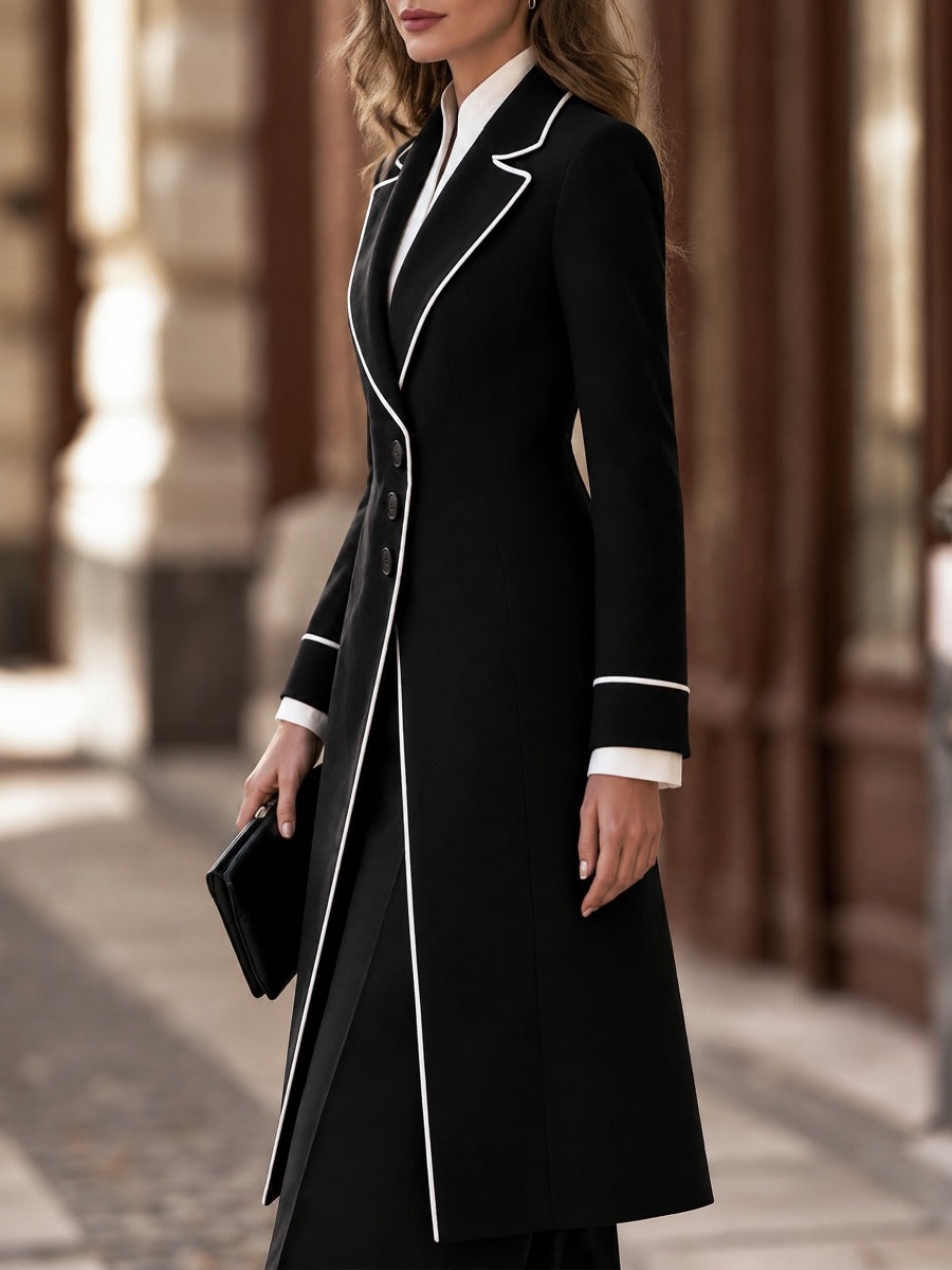 Notched Lapels Contrast Piping Longline Tailored Coat